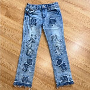 Rockstar Original Boys Blue Distressed Patch Stacked Flare Jeans Size 7